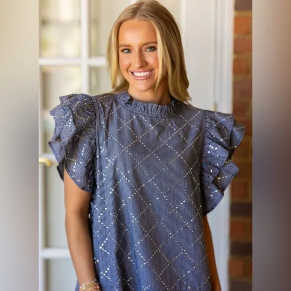 JODIFL Black / White Stripe Ruffled Sleeveless Blouse with sparkle design - Picture 3 of 16